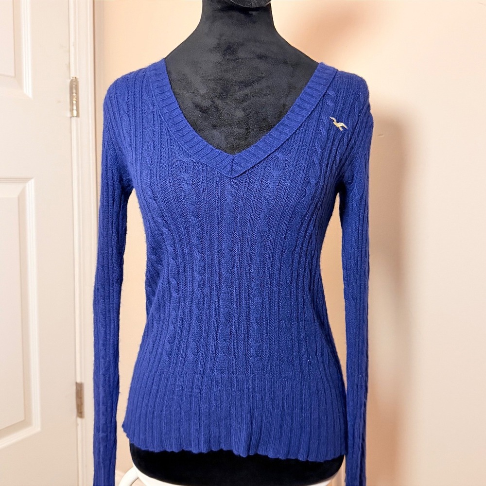 Y2K Hollister Rabbit Hair Blue Argyle Sweater Preppy VTG Long Sleeve Size L